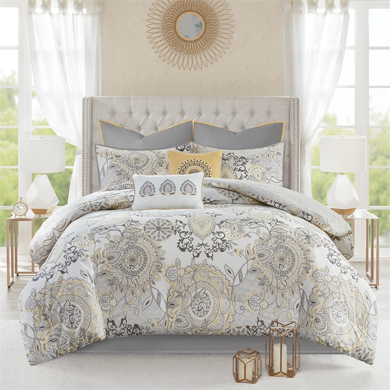 Madison Park Isla 8-Piece Cotton Floral Printed Comforter Set in Yellow