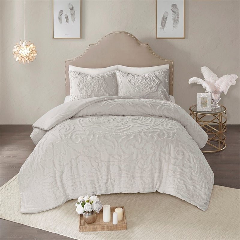 Madison Park Laetitia 3-Piece Cotton Chenille Medallion Comforter Set in Gray