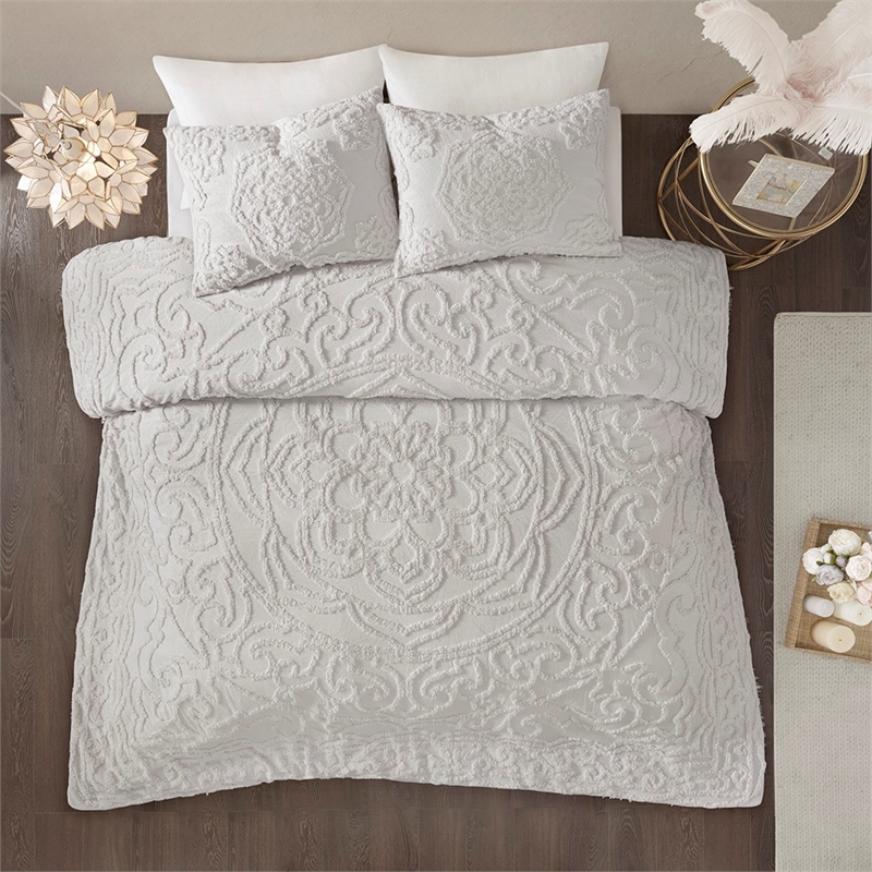 Madison Park Laetitia 3-Piece Cotton Chenille Medallion Comforter Set in Gray