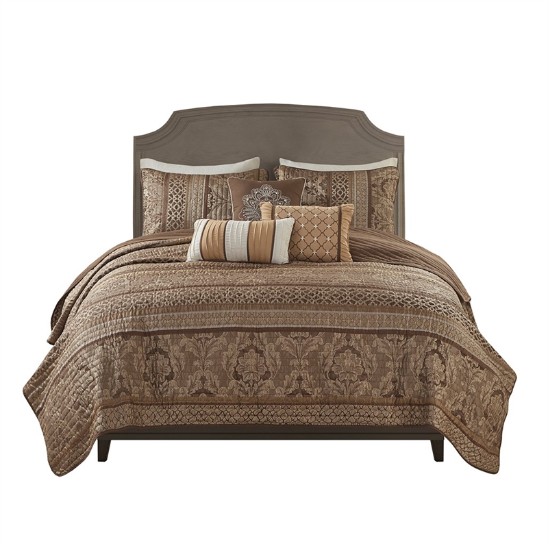 Madison Park Bellagio 6-Piece Jacquard Quilt Set with Throw Pillows - Brown/Gold