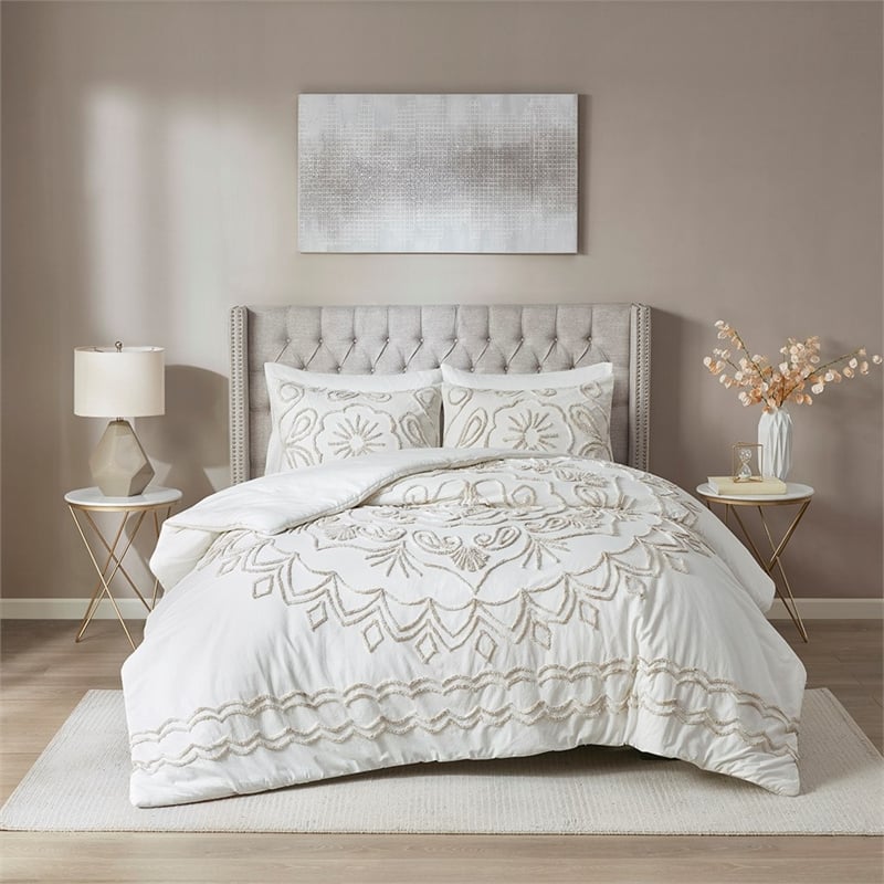 Madison Park Violette 3-Piece Cotton Chenille Comforter Set in Ivory/Taupe