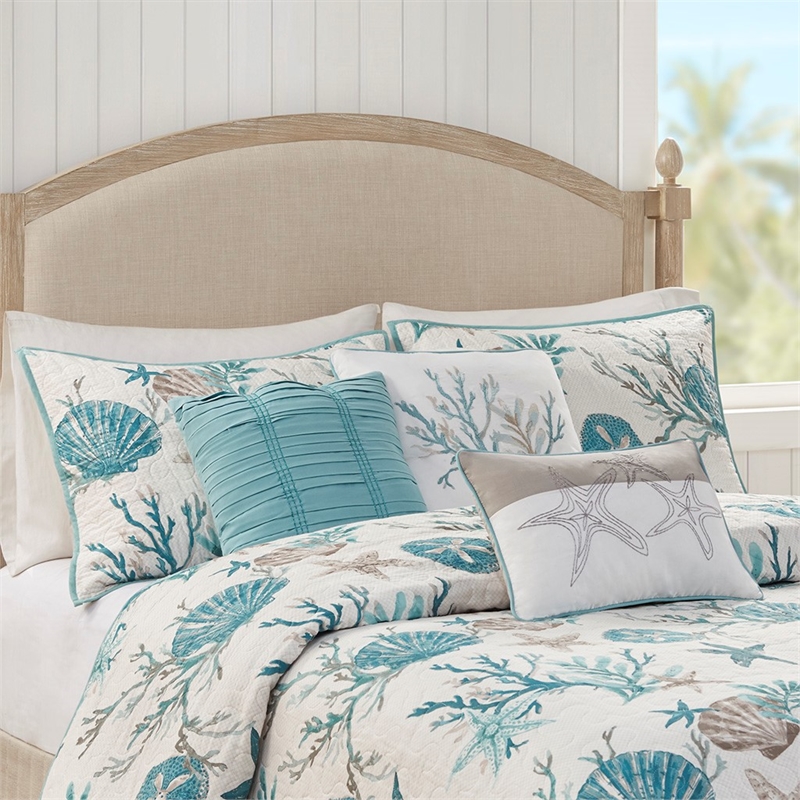 Madison Park Pebble Beach 6-Piece Cotton Quilt Set with Throw Pillows in Aqua