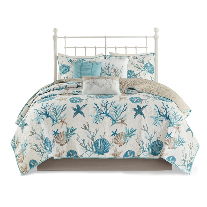 Madison Park Pebble Beach 6-Piece Cotton Quilt Set with Throw Pillows in Aqua