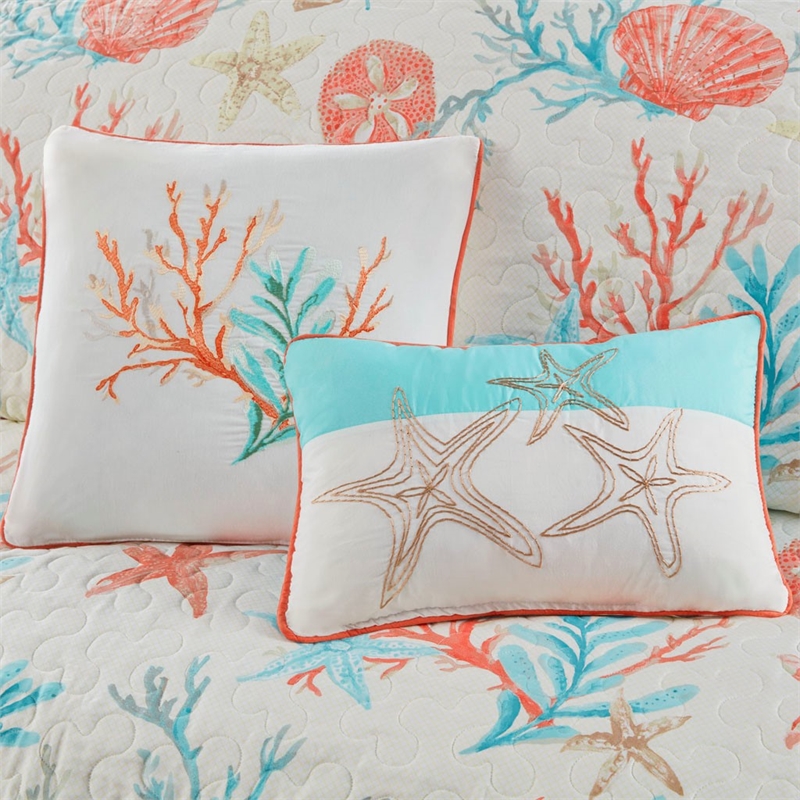 Madison Park Pebble Beach 6-Piece Cotton Quilt Set with Throw Pillows in Coral