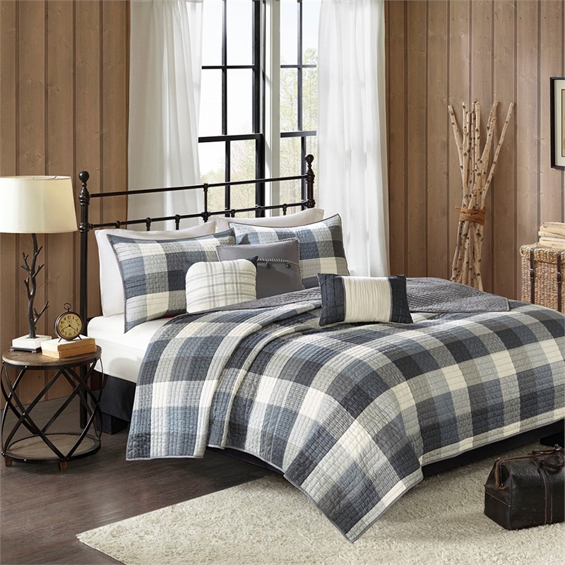 Madison Park Ridge 6-Piece Printed Herringbone Quilt Set w/ Throw Pillows - Gray