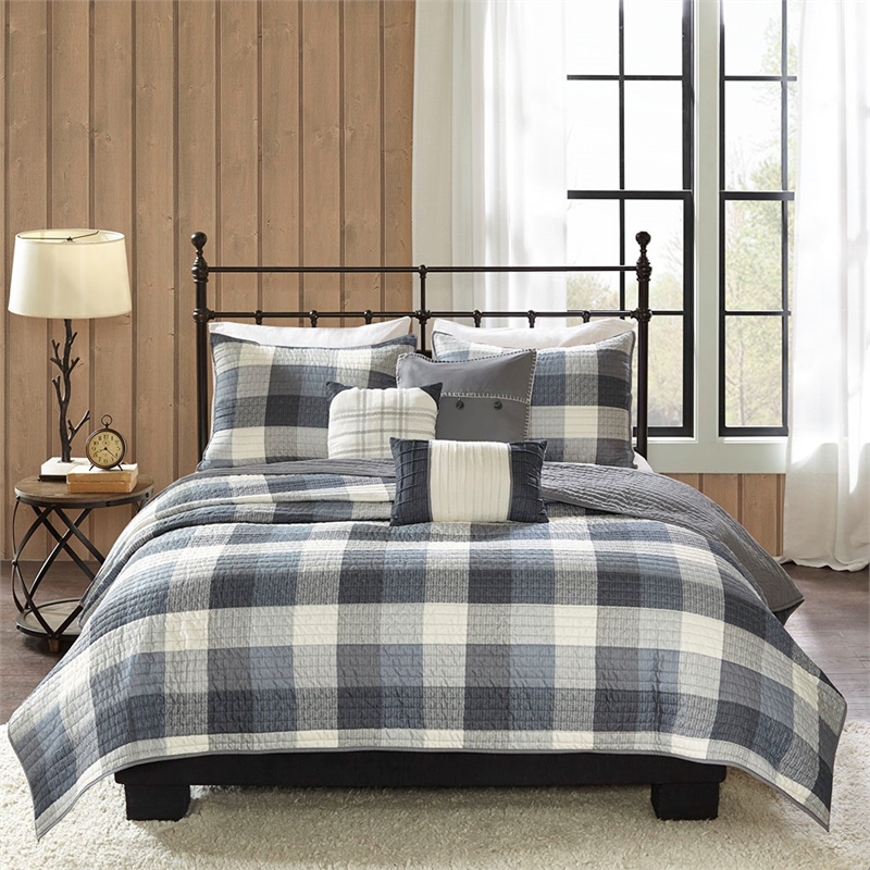 Madison Park Ridge 6-Piece Printed Herringbone Quilt Set w/ Throw Pillows - Gray