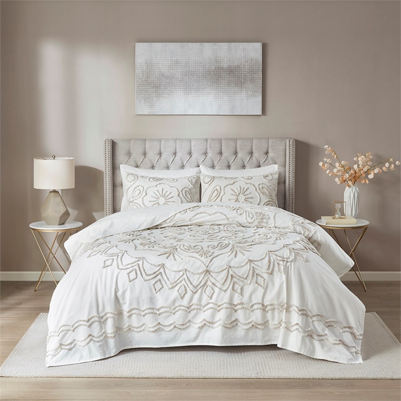 Madison Park Violette 3-Piece Tufted Cotton Chenille Coverlet Set in Ivory/Taupe