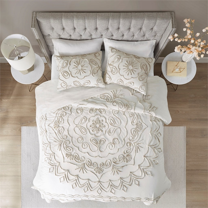 Madison Park Violette 3-Piece Tufted Cotton Chenille Coverlet Set in Ivory/Taupe