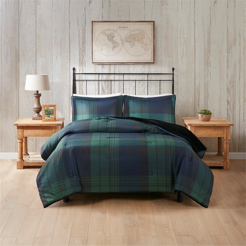 Woolrich Bernston Faux Wool to Faux Fur Comforter Set in Green Plaid