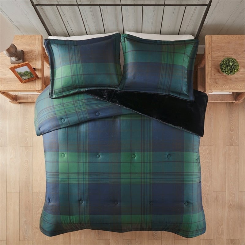 Woolrich Bernston Faux Wool to Faux Fur Comforter Set in Green Plaid