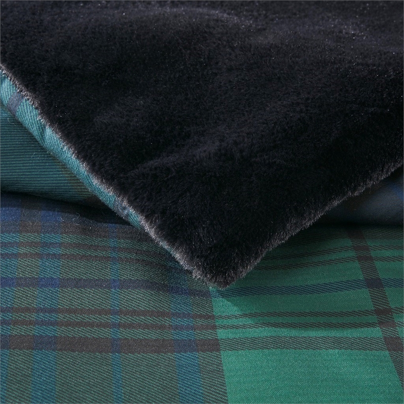 Woolrich Bernston Faux Wool to Faux Fur Comforter Set in Green Plaid