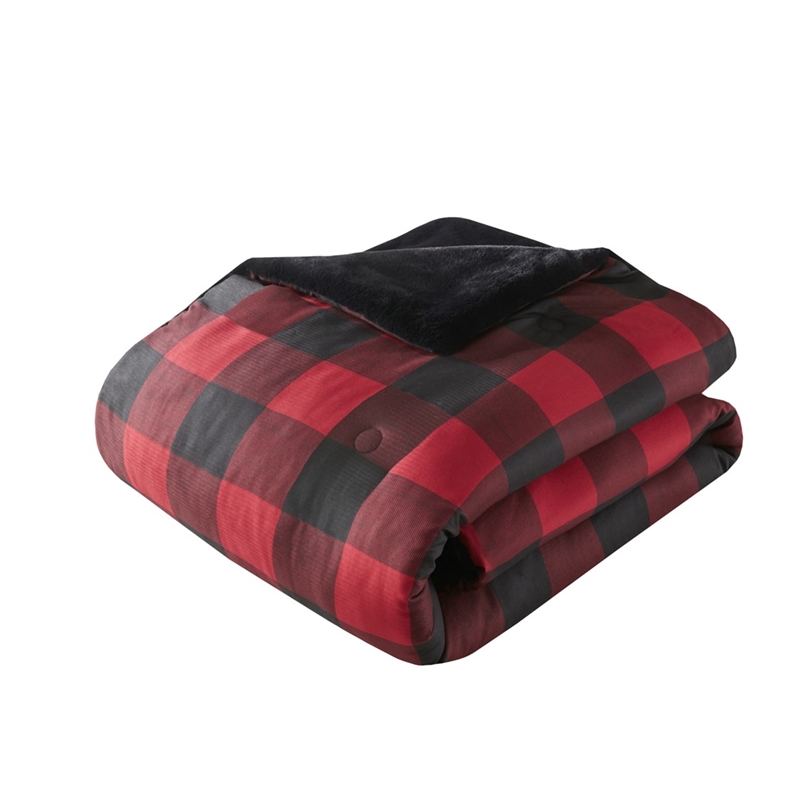Woolrich Bernston Faux Wool to Faux Fur Comforter Set in Red Buffalo Check