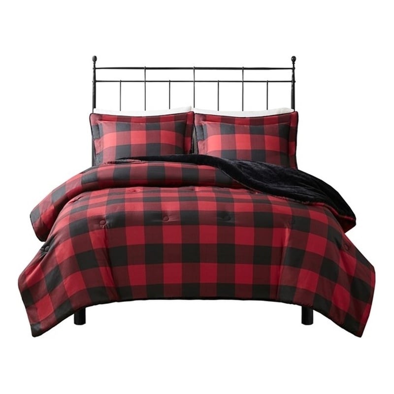 Woolrich Bernston Faux Wool to Faux Fur Comforter Set in Red Buffalo Check