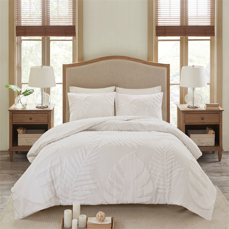 Madison Park Bahari 3-Piece Cotton Chenille Palm Duvet Cover Set in Off White