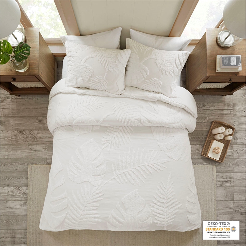 Madison Park Bahari 3-Piece Cotton Chenille Palm Duvet Cover Set in Off White