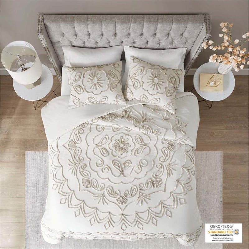 Madison Park Violette 3-Piece Cotton Chenille Duvet Cover Set in Ivory/Taupe