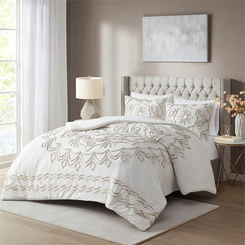 Madison Park Violette 3-Piece Cotton Chenille Duvet Cover Set in Ivory/Taupe