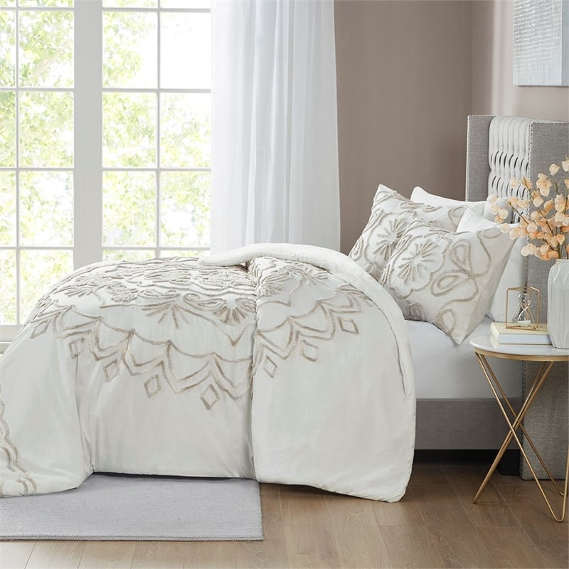 Madison Park Violette 3-Piece Cotton Chenille Duvet Cover Set in Ivory/Taupe