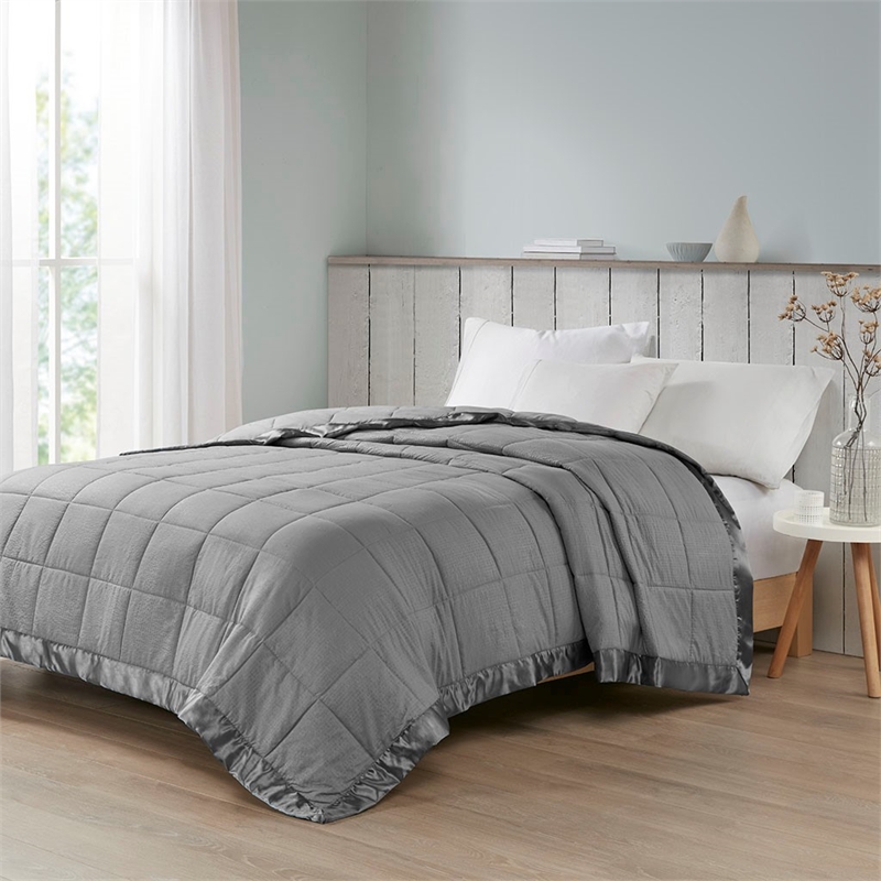 Madison Park Cambria Fabric Down Alternative Blanket with Satin Trim in Charcoal