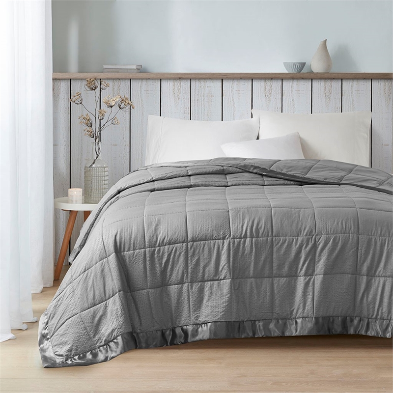 Madison Park Cambria Fabric Down Alternative Blanket with Satin Trim in Charcoal