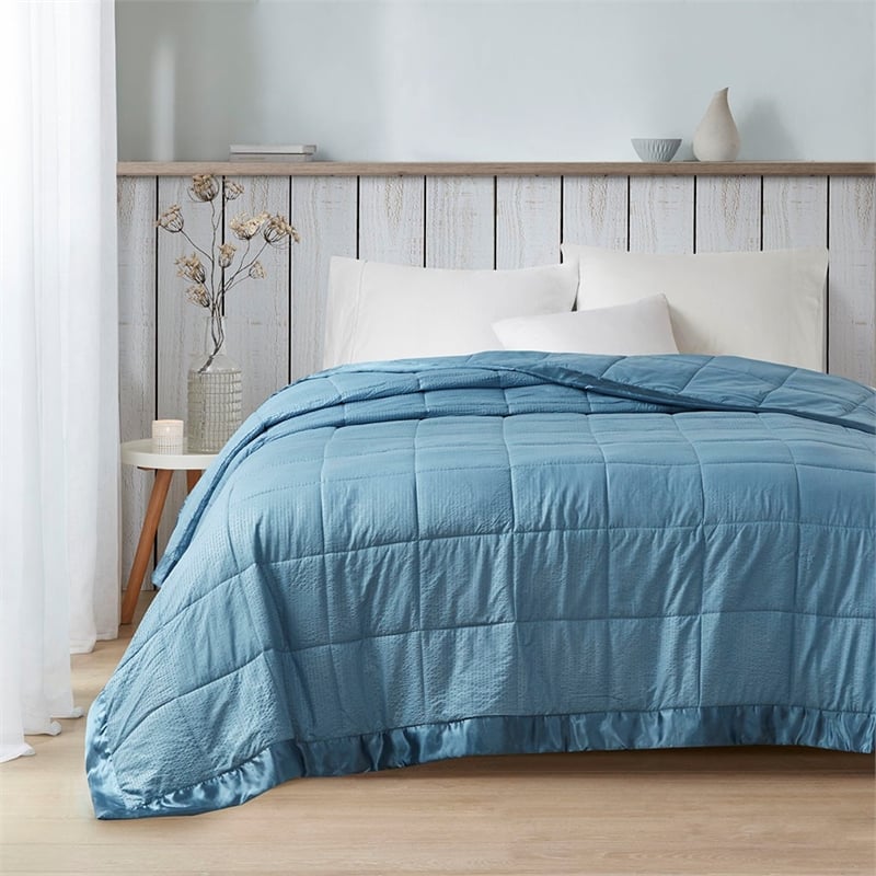 Madison Park Cambria Fabric Down Alternative Blanket w/ Satin Trim - Slate Blue