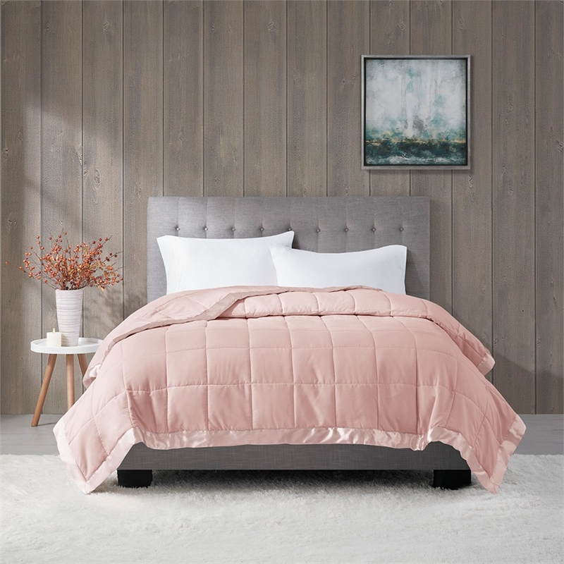 Madison Park Windom Fabric Down Alternative Blanket with Satin Trim in Blush