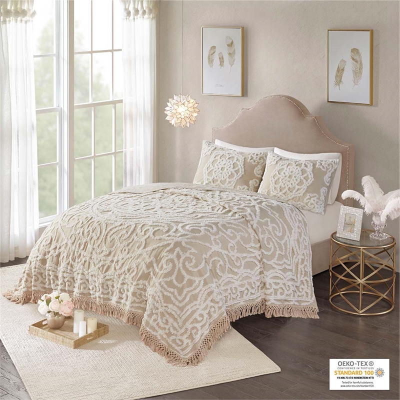 Madison Park Laetitia Cotton Medallion Fringe Coverlet Mini Set in Taupe