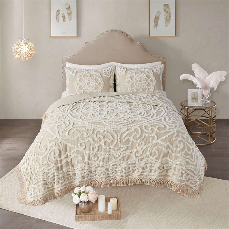 Madison Park Laetitia Cotton Medallion Fringe Coverlet Mini Set in Taupe