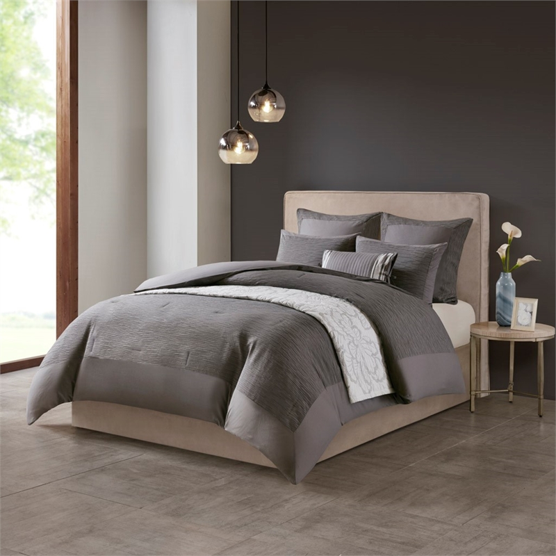 Natori Hanae Cotton Blend Yarn Dyed 3 Piece Comforter Set in Grey King/Cal King
