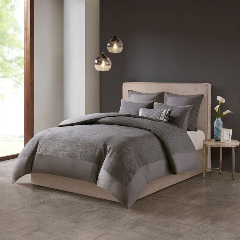 Natori Hanae Cotton Blend Yarn Dyed 3 Piece Comforter Set in Grey King/Cal King