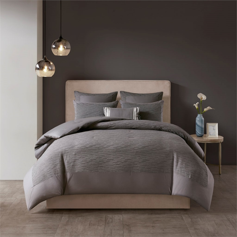 Natori Hanae Cotton Blend Yarn Dyed 3 Piece Comforter Set in Grey King/Cal King