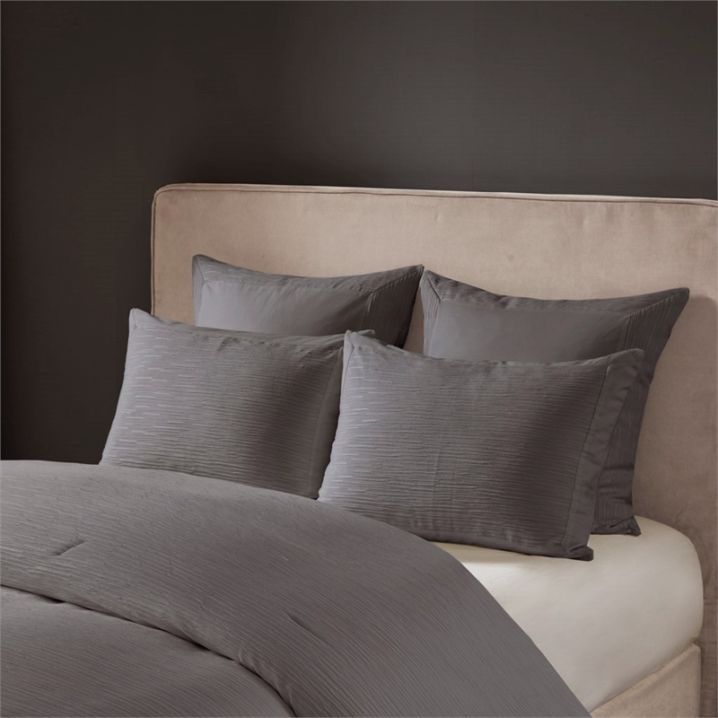 Natori Hanae Cotton Blend Yarn Dyed 3 Piece Comforter Set in Grey King/Cal King