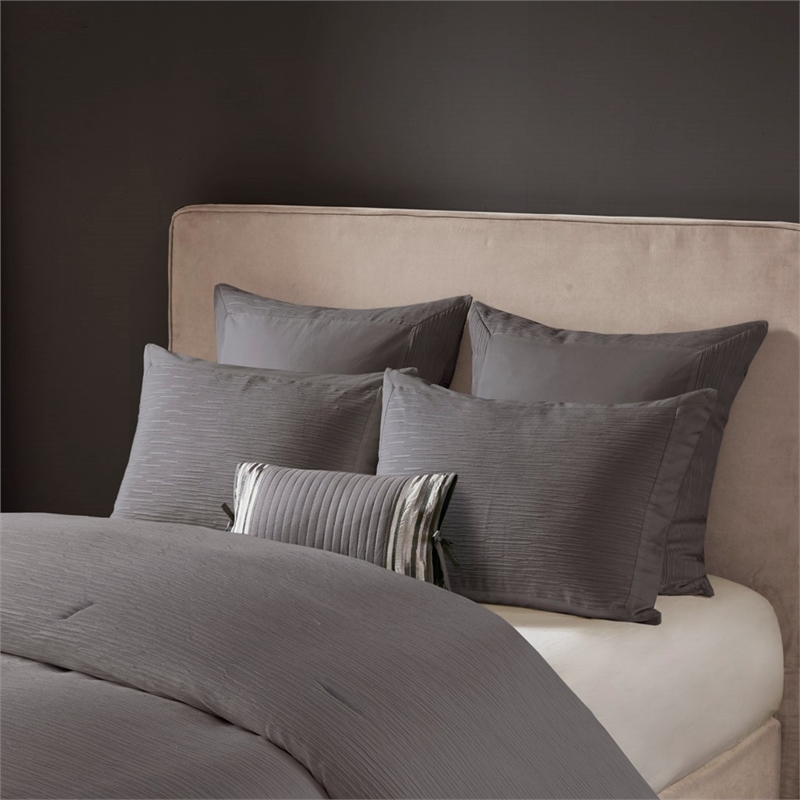 Natori Hanae Cotton Blend Yarn Dyed 3 Piece Comforter Set in Grey King/Cal King