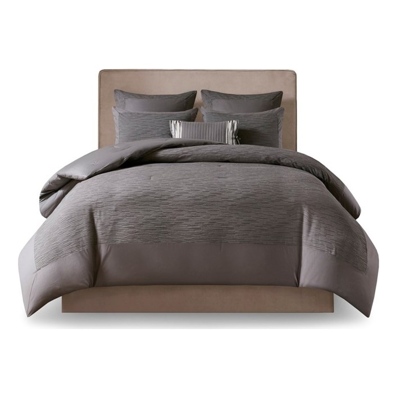 Natori Hanae Cotton Blend Yarn Dyed 3 Piece Comforter Set in Grey King/Cal King