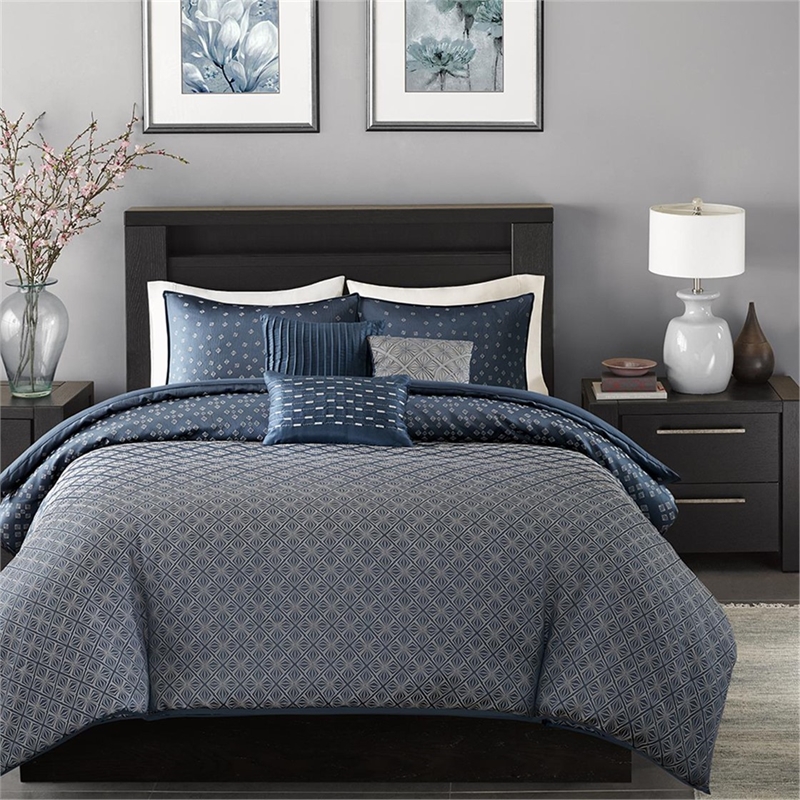 Madison Park Biloxi 6 Piece Duvet Cover Set in Navy Full/Queen