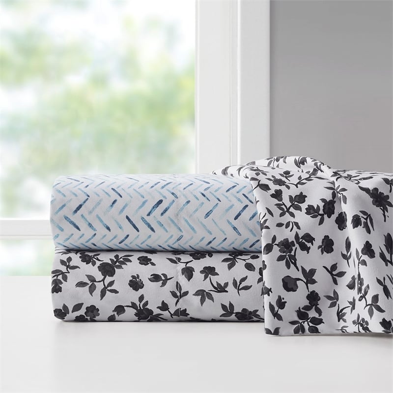 Intelligent Design Printed Microfiber Sheet Set in Black Floral Twin
