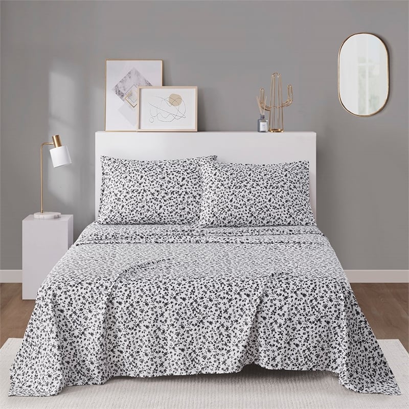Intelligent Design Printed Microfiber Sheet Set in Black Floral Twin