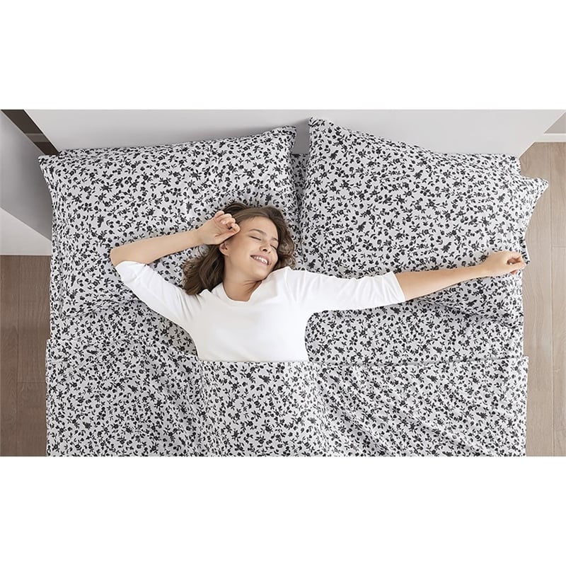 Intelligent Design Printed Microfiber Sheet Set in Black Floral Twin