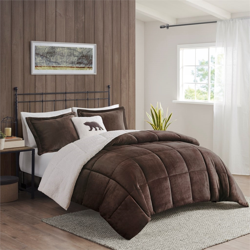 Woolrich Plush Sherpa Down Alternative Comforter Set in Brown/Ivory Full/Queen