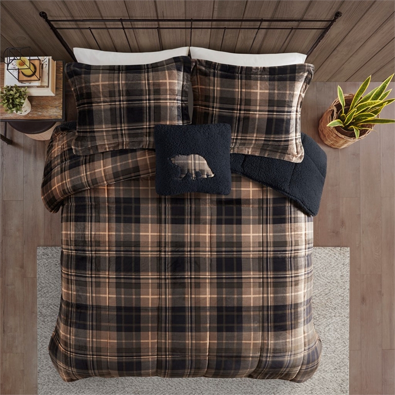 Woolrich Plush to Sherpa Down Alternative Comforter Set in Brown/Black King