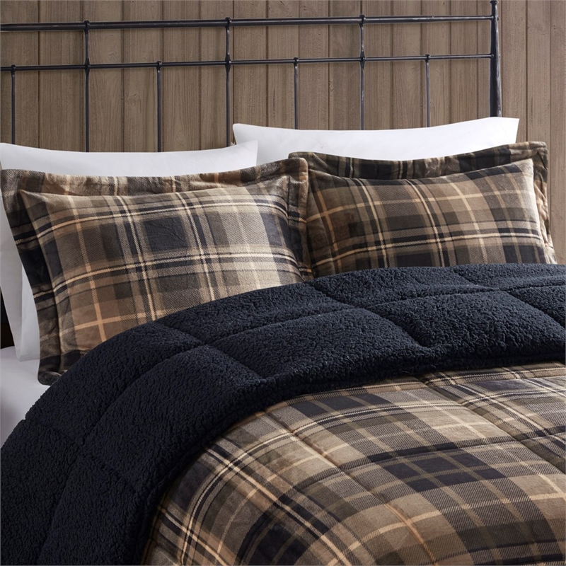 Woolrich Plush to Sherpa Down Alternative Comforter Set in Brown/Black King