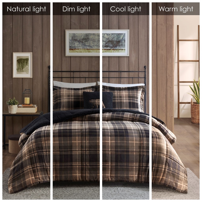 Woolrich Plush to Sherpa Down Alternative Comforter Set in Brown/Black King