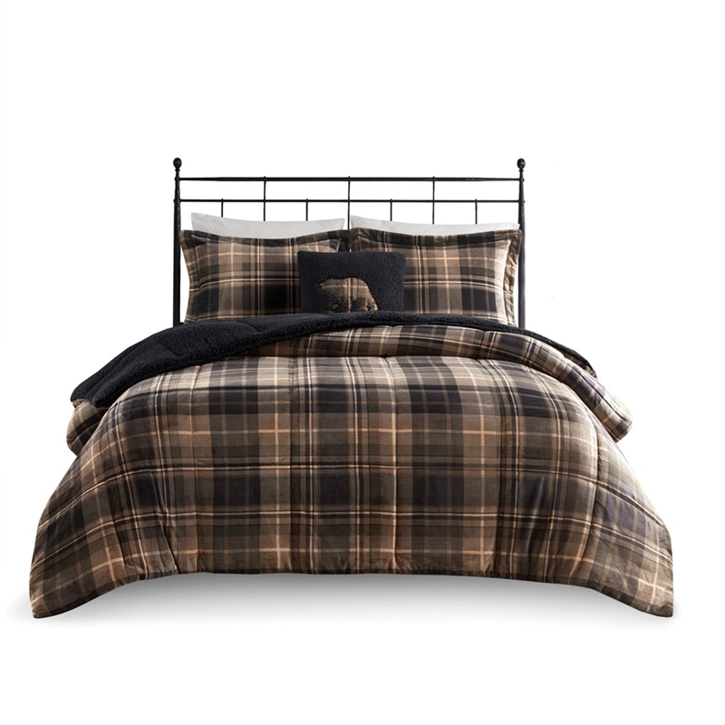 Woolrich Plush to Sherpa Down Alternative Comforter Set in Brown/Black King