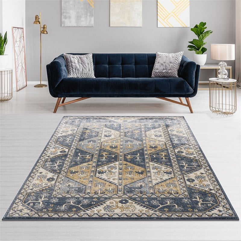 Madison Park Dakota Tiled Border Area Rug in Blue/Cream 8x10'