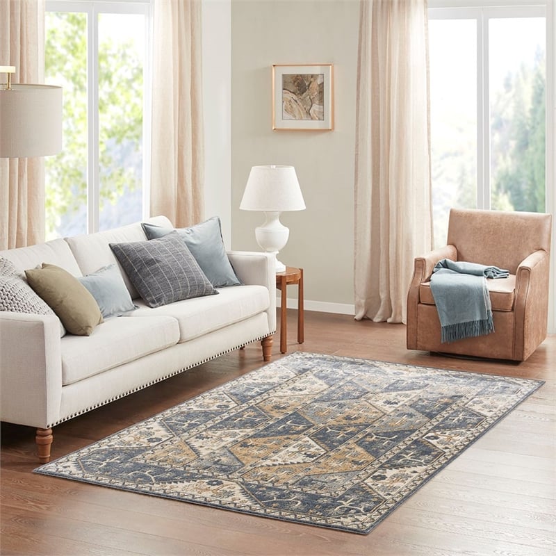 Madison Park Dakota Tiled Border Area Rug in Blue/Cream 8x10'