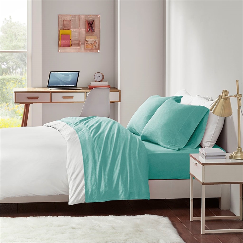 Intelligent Design Cotton Blend Jersey Knit All Season Sheet Set in Aqua Full