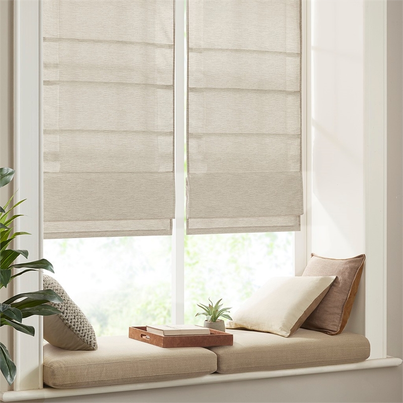 Madison Park Como Printed Faux Silk Room Cordless Roman Shade in Ivory 33x64