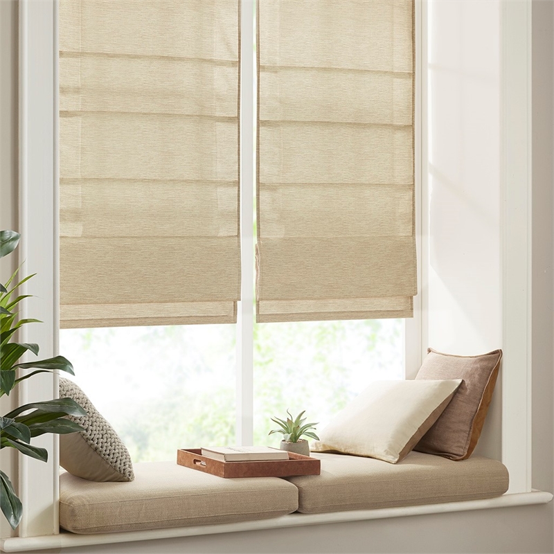 Madison Park Como Printed Faux Silk Room Cordless Roman Shade in Taupe 35x64