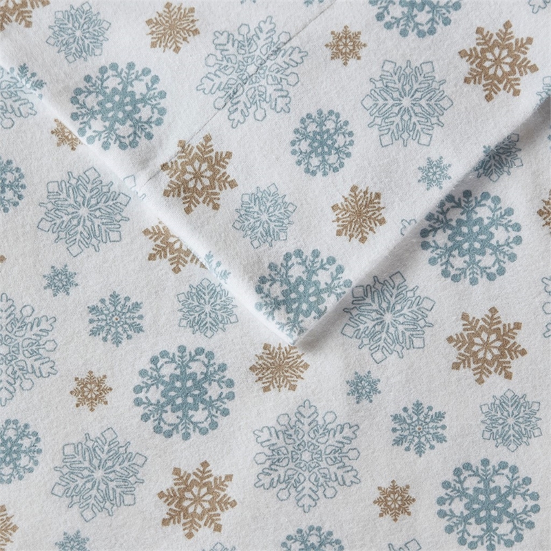 True North by Sleep Cozy Flannel Sheet Set in Tan/Blue Snowflakes King