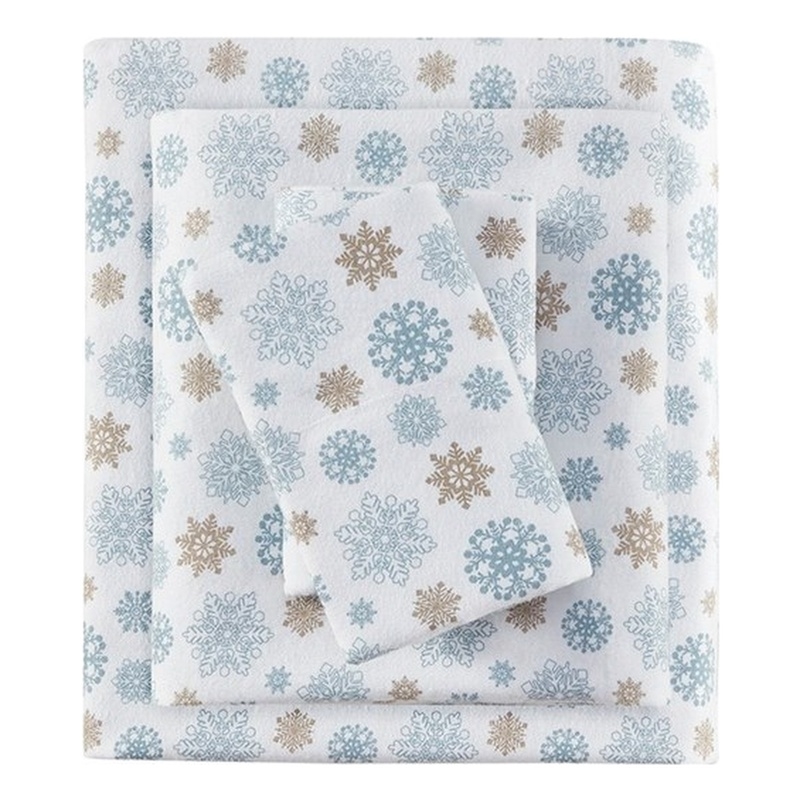 True North by Sleep Cozy Flannel Sheet Set in Tan/Blue Snowflakes King